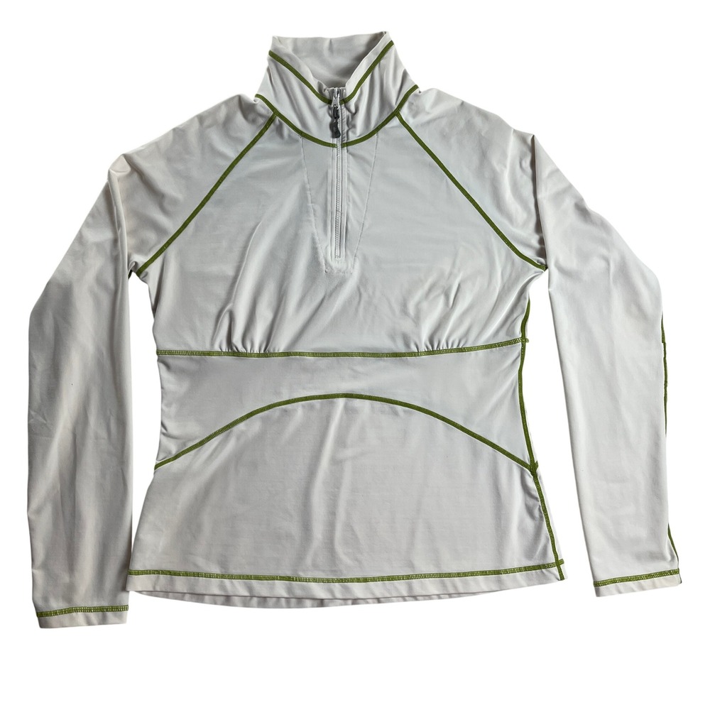 Athleta Womens Quarter Zip Ivory Green Performance Top L Stretch Activewear